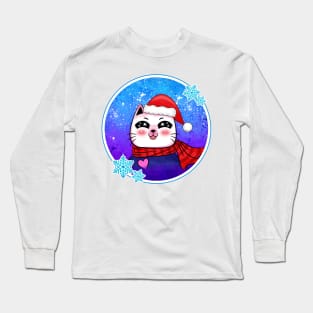 Cute Cartoon Cat Santa Christmas Winter Long Sleeve T-Shirt